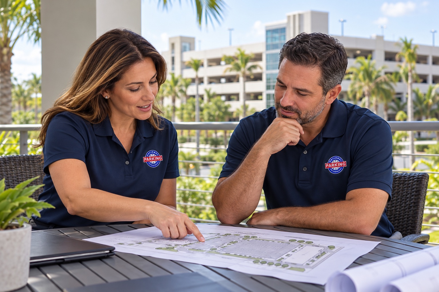 Illustrative NPE colleagues reviewing a parking site plan
