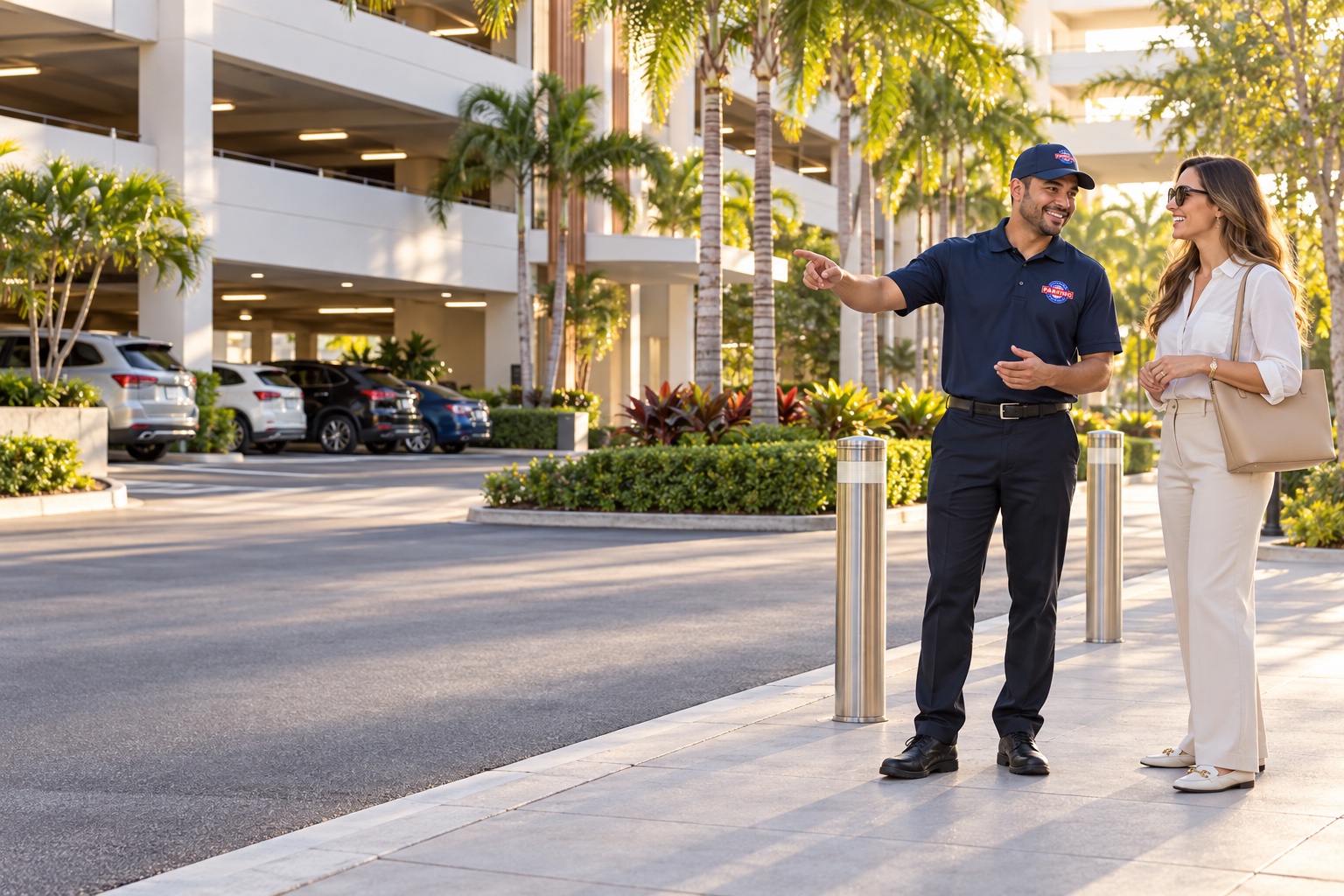 Illustrative uniformed NPE host assisting a guest on a protected walkway